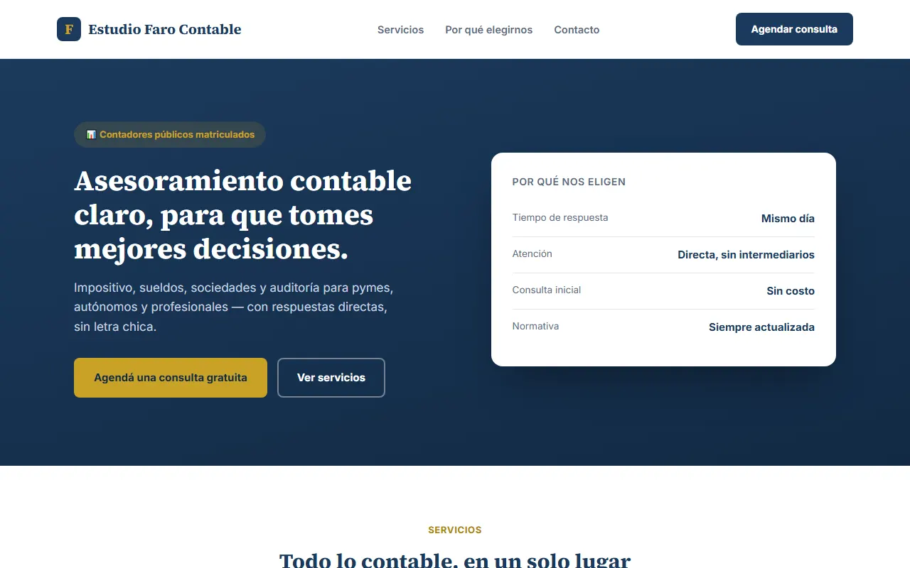 Página de inicio del sitio concepto Estudio Faro Contable
