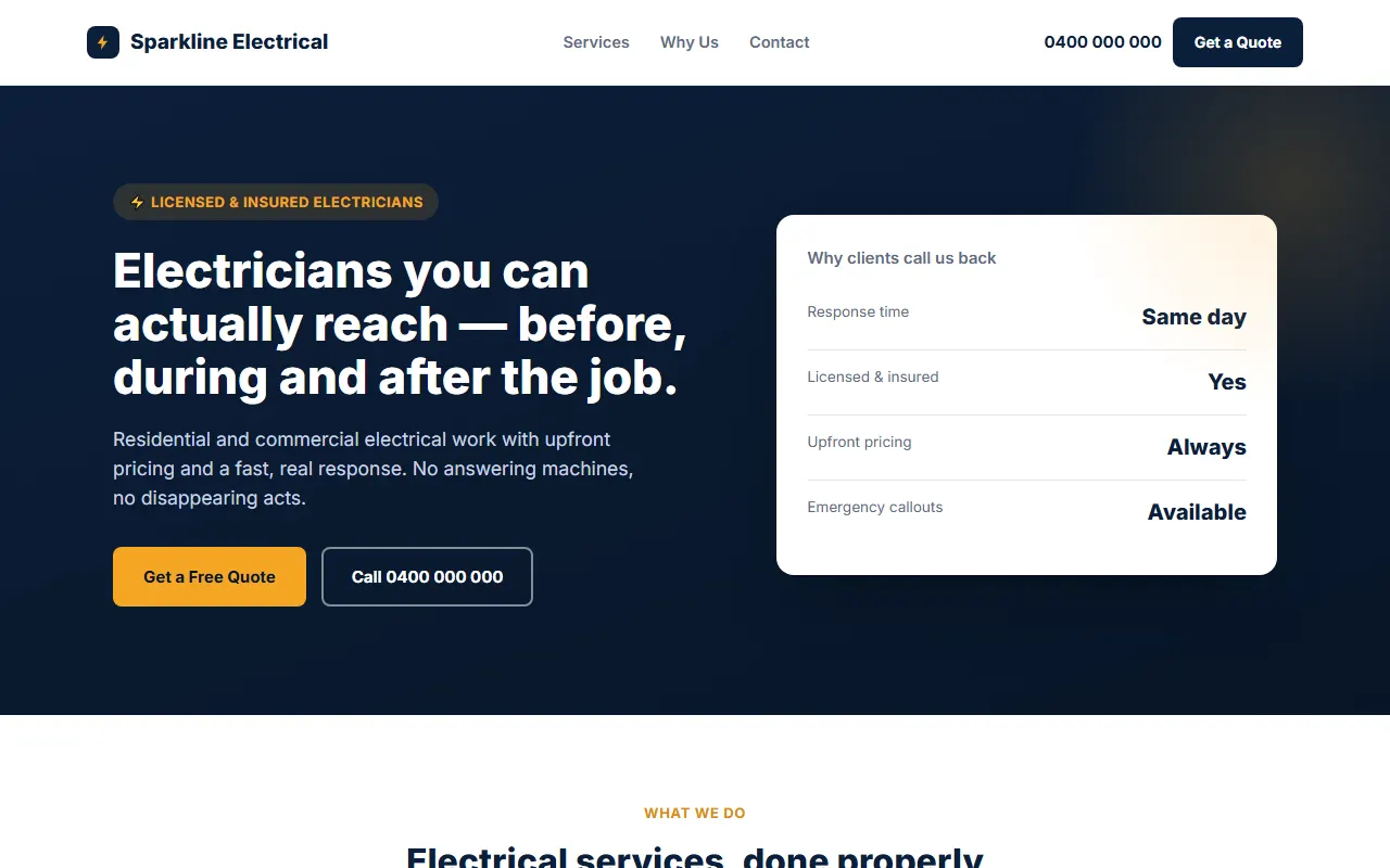 Página de inicio del sitio concepto Sparkline Electrical